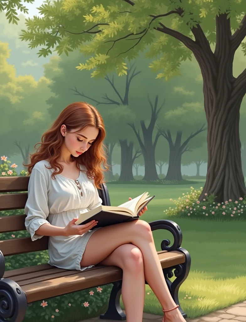 Paint a beautiful girl sitting on a park bench, lost in a good book, with a look of serene contentment on her face