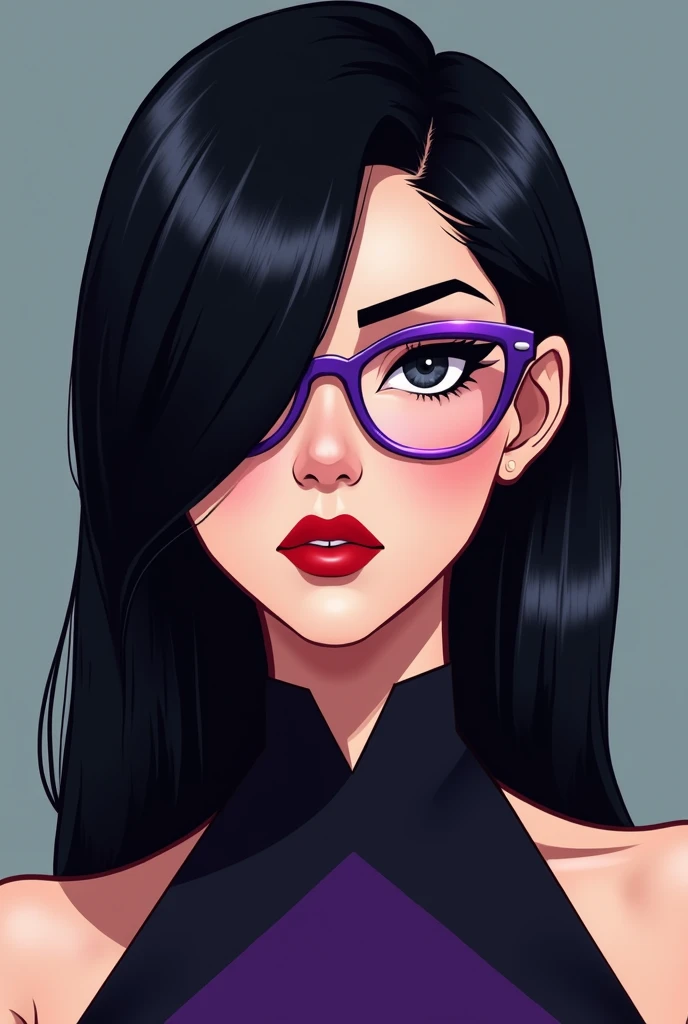 Lady with black v-shaped hair down with purple glasses and painted eyebrows 