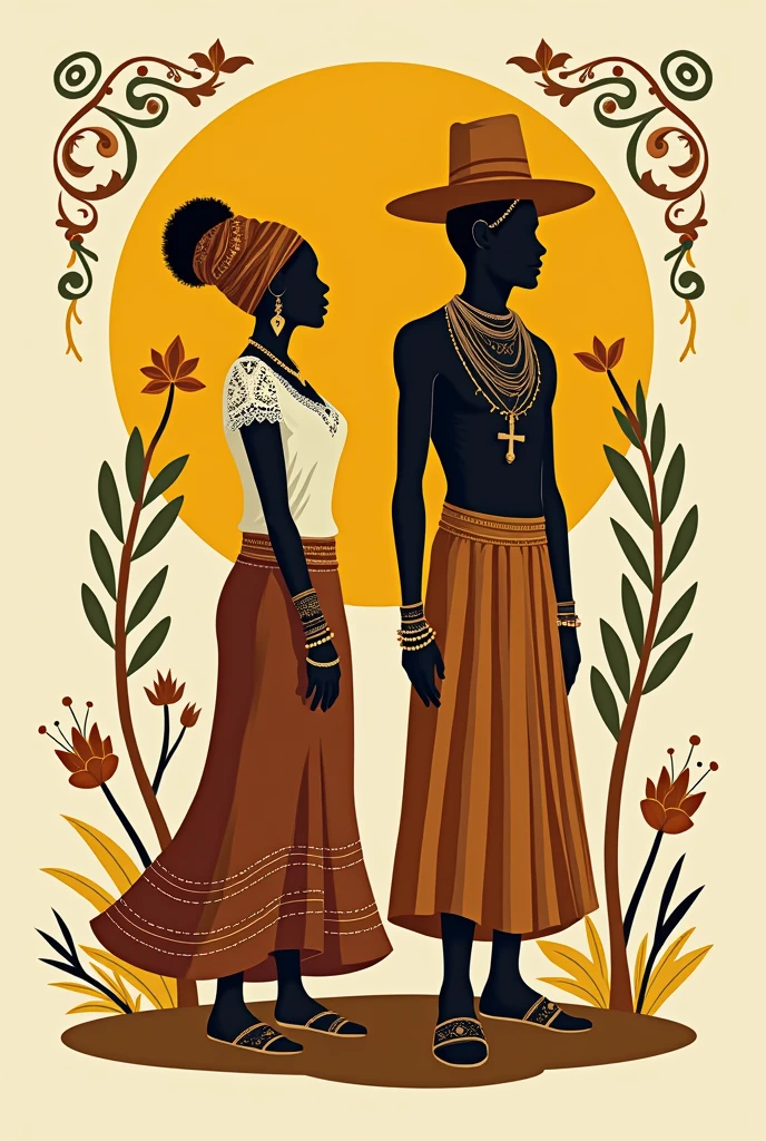 1. elements Culturais e Religiosos
Figura de Mulher e Homem Baiano:
Bahian woman:
Description: Silhouette or illustration of a Bahian woman in typical costume (circle skirt, lace blouse, turban). Also consider clothing associated with Pombagira., which may include details such as long skirts and adornments.
Exu Man:
Description: Silhouette or illustration of a man representing Exu, with costumes that may include elements such as typical hats, necklaces and ornaments associated with the orixá.
elements: Exu is known for his vibrant colors and distinctive accessories, like a hat or a stick. Incorporate elementos que simbolizem movimento e dinamismo, since Exu is an orixá who is also associated with communication and changes.
Religious References:
Candomblé Symbols:
Incorporate: Stylized images of symbols associated with Exu and the orixás in general, as the "crossed out points" that are common in representations of candomblé.
2. Mustard Yellow Color Palette:
Use: Main color to create warmth and welcome. Use in much of the design.
Add-ons:
neutral tones: offwhite, brown and olive green for contrast.
Description: These tones can be used in details, as adornments and background elements, to balance and complement the mustard yellow.
3. Typography Elegant and Artistic Font:
Description: Choose a font that has a hand-crafted or handwritten feel, reflecting the style of the studio.
Customization:
suggestion: Add cultural details to the font, as decorative patterns inspired by African or Bahian art, to create a visual connection with the logo theme.
4. Layout and Design Combination of Figures:
Position of Figures:
Center or Side: Place the figures of the Bahian woman and the Exu man in positions that balance the design.. For example, the Bahian woman can be centered with Exu at her side or vice versa.
Detalhes culturais:
elements Adicionais: Around the figures, add african patterns, embroidery or candomblé symbols to enrich the design and give more