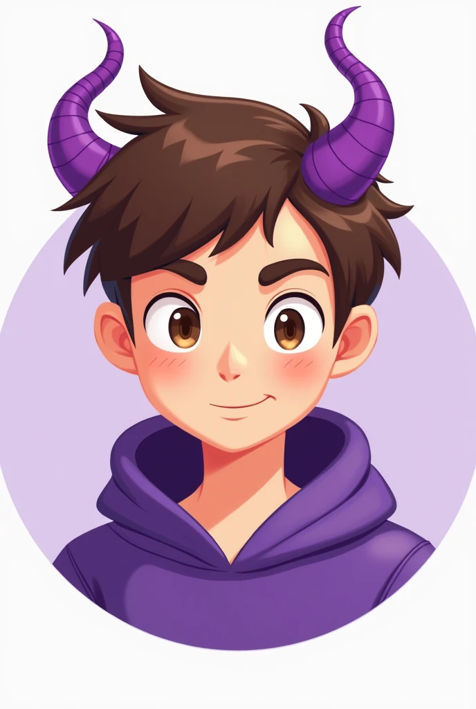 a logo for the profile picture of a male character with brown hair, purple hoodie, 2 purple horns, beige eyes, light skin with cartoon style