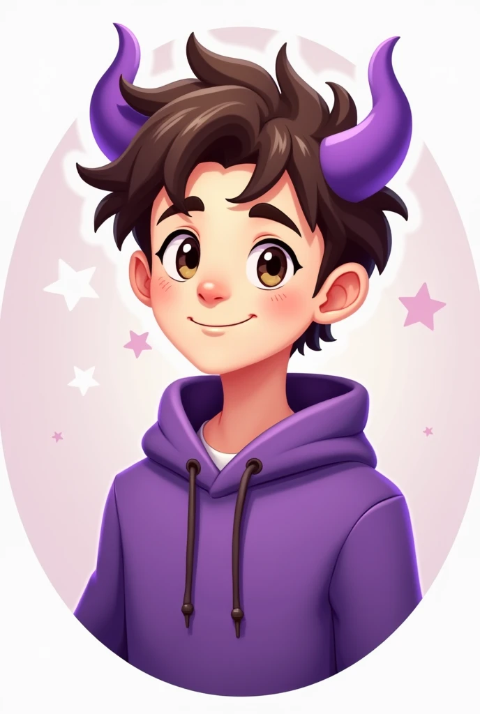 a logo for the profile picture of a male character with brown hair, purple hoodie, 2 purple horns, beige eyes, light skin with cartoon style