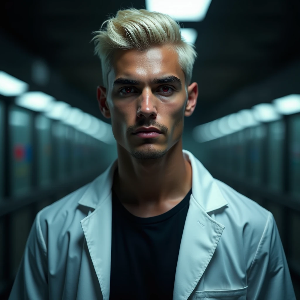 Photograph headshot of a very tall attractive young Middle Eastern-Arab-Egyptian featured male, short business casual layered platinum blond wavy swept back hair, 5 o'clock shadow, lithe body, brown skin, dark red eyes, tall toned body. Professional expression. Lab coat, black shirt, dim fluorescent lighting, foreboding facility.
