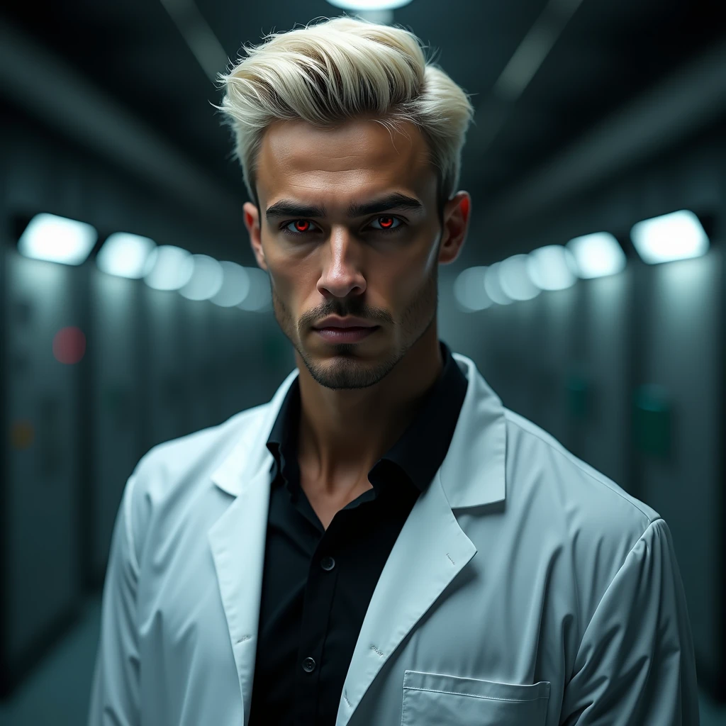 Photograph headshot of a very tall attractive young Middle Eastern-Arab-Egyptian featured male, short business casual layered platinum blond wavy swept back hair, 5 o'clock shadow, lithe body, brown skin, dark red eyes, tall toned body. Professional expression. Lab coat, black shirt, dim fluorescent lighting, foreboding facility.