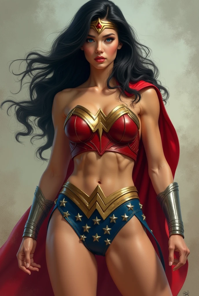 A MUSCULAR FEMALE, WITH LONG BLACK HAIR, BLUE EYES, WITH A SEXY BODY, WEARING A CLASSIC 1960 LYNDA CARTER WONDER WOMAN COSTUME AND RED CAPE. ABSURD 8K RESOLUTION, INCREDIBLY DETAILED SKIN AND EYES, (HUGE SWOLLE MUSCULAR ARMS:1.4), (HUGE MUSCULAR LEGS:1.4), (HUGE MUSCULAR TORSO:1.4)