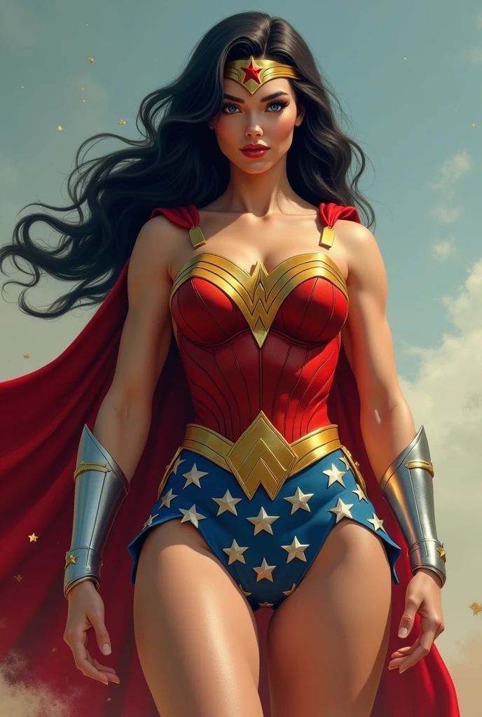A MUSCULAR FEMALE, WITH LONG BLACK HAIR, BLUE EYES, WITH A SEXY BODY, WEARING A CLASSIC 1960 LYNDA CARTER WONDER WOMAN COSTUME AND RED CAPE. ABSURD 8K RESOLUTION, INCREDIBLY DETAILED SKIN AND EYES, (HUGE SWOLLE MUSCULAR ARMS:1.4), (HUGE MUSCULAR LEGS:1.4), (HUGE MUSCULAR TORSO:1.4)