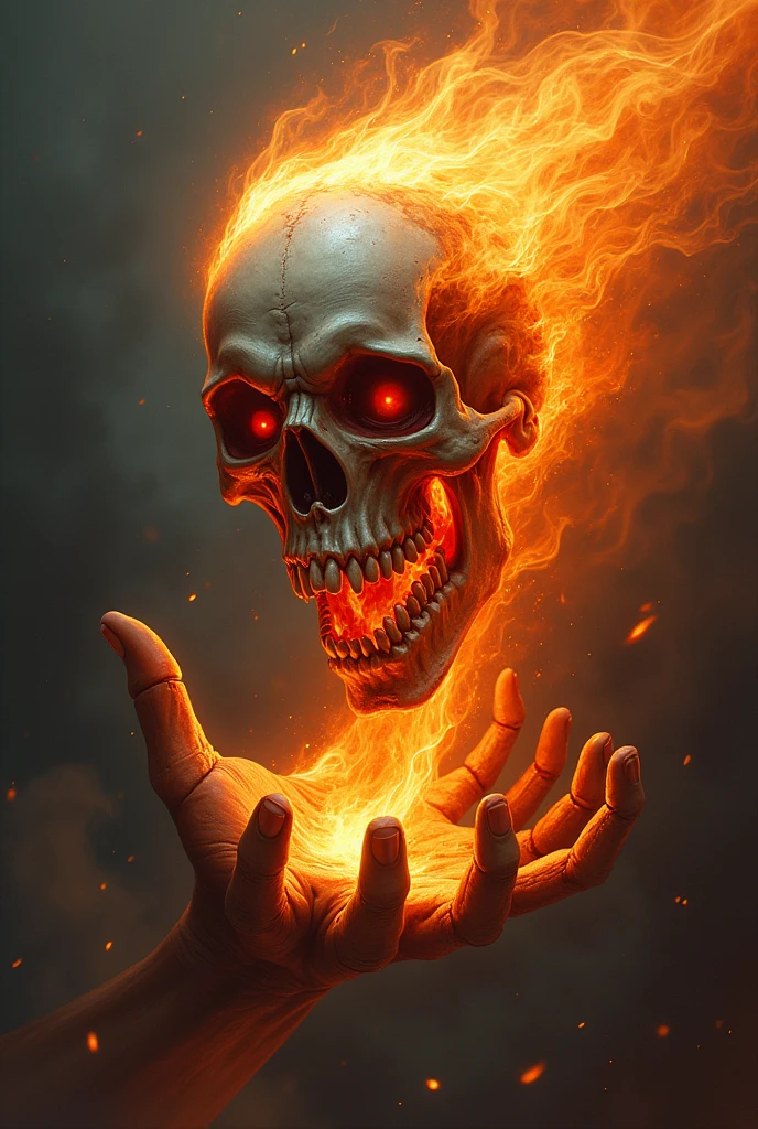 An angry skull on fire... Raising his hand