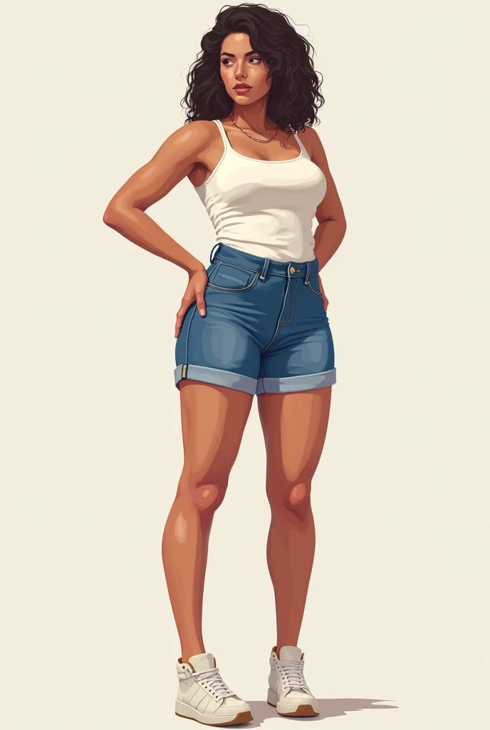 Curt woman with her left leg slightly bent and in front of her right leg wearing medium length high waisted  denim shorts 
