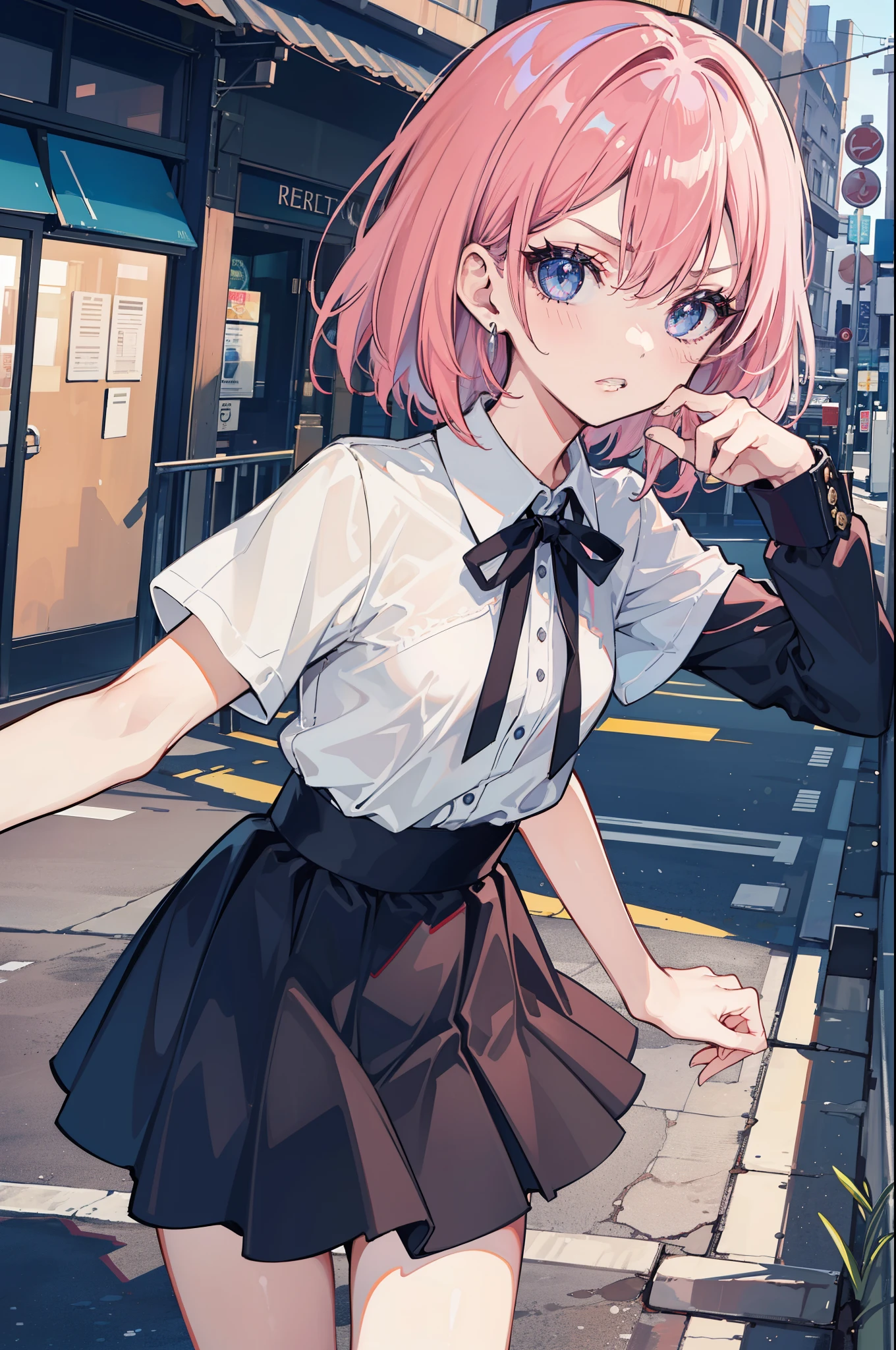 (best quality:1.2), (highest quality:1.2), (perfection:1.1), (flawless:1.1), urban street, 1girl, parted lips, clenched teeth, disgusted look, short height, blouse, skirt, (straight hair:1.1), small breasts, (best quality eyes:1.1), highly detailed, 8k, best quality resolution, (most beautiful upscale:1.1)