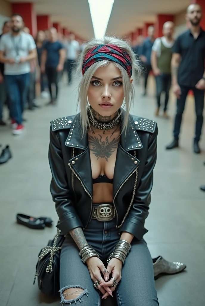 russian old milf woman, grey hair (middle part) and wide colourful bandana as headband, with very light blue eyes, extremely pale. Wearing studded cropped black moto jacket, padded shoulders, with lots of zippers and pins, black push up bra with white lace lining , dark skinny blue jeans and pointy silver Chelsea boots with cuban heels . Studded Choker. Lots of metallic bracelets and collars. Tacky wide studded leather belt with oversized skull and bones buckle. Long bohemian earrings. Kneeling like in a payer, looking at the camera, humble facial expression. Hands on her knees, showing off bracelets and rings. studded black leather tote bag with chains on the floor, next to her.. Listening in amazement to somebody speaking to her, toned six pack abdominals, thin neck, slim legs and thin arms. Tattoed heavily. A lot of people around looking at her, next to her, all her belongings on the floor