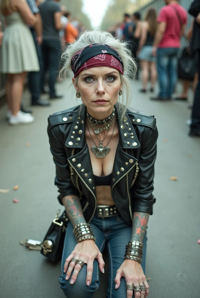 russian old milf woman, grey hair (middle part) and wide colourful bandana as headband, with very light blue eyes, extremely pale. Wearing studded cropped black moto jacket, padded shoulders,  with lots of zippers and pins, black push up bra with white lace lining , dark skinny blue jeans and pointy silver Chelsea boots with cuban heels  . Studded Choker. Lots of metallic bracelets and collars. Tacky wide studded leather belt with oversized skull and bones buckle. Long bohemian earrings. Kneeling like in a payer, looking at the camera, humble facial expression. Hands on her knees, showing off bracelets and rings. studded black leather tote bag with chains on the floor, next to her..  Listening in amazement to somebody speaking to her, toned six pack abdominals, thin neck, slim legs and thin arms. Tattoed heavily.  A lot of people around looking at her, next to her, all her belongings on the floor