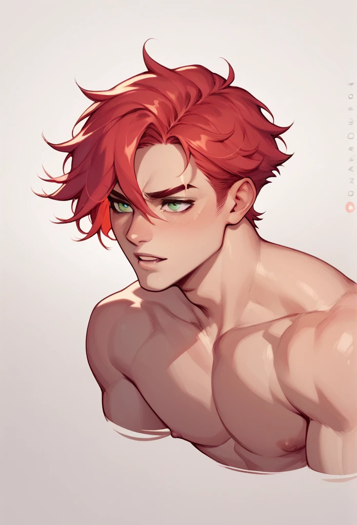 boy, Red-Haired, hairless, bright green eyes