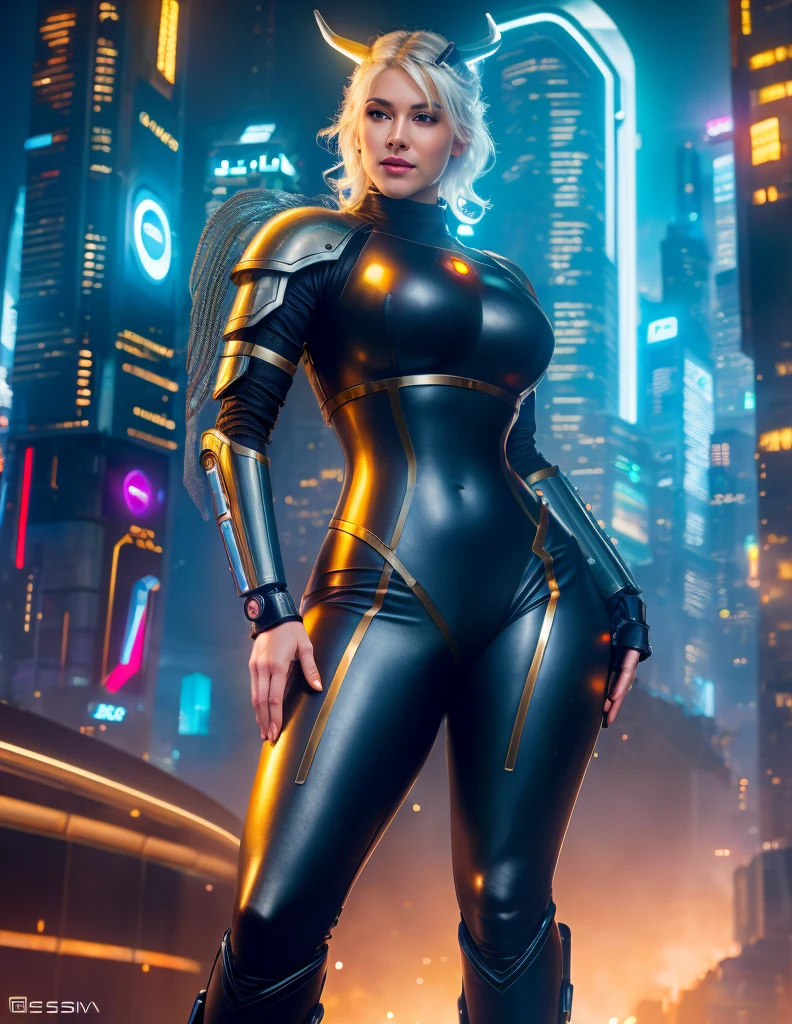 ultra realistic 8k, (futuristic:, futuristic city, futuristic era, mechanical, fantasy), (((detailed background))) Full body of a woman with angelic face, fleshy lips, white Italian (short curly hair) facing the camera, 50mm portrait, Rossdraw 1. 0, 4K, RossDraw 2. 0, wlop rossdraws, fitness model,((full body))slim waist and wide hips, smooth curves, gigantic ass, perfect abs, ultra realistic, futuristic steel Viking armor and futuristic cyberpunk leather(facing the camera)