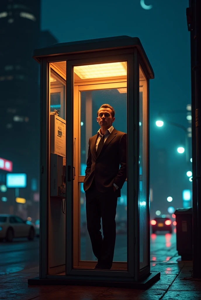 Person in 80s phone booth at night 