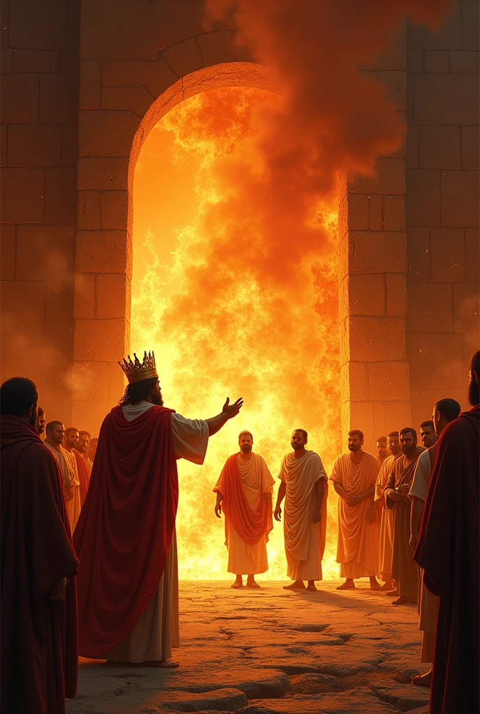 create an image of this verse 26 Then Nebuchadnezzar came near to the door of the burning fiery furnace, he spoke, saying: shadrach, Meshach and Abednego, servants of the Most High God, come out and come! Então shadrach, Meshach and Abednego saíram do meio do fogo.
27 And the princes assembled together, the captains, the governors and the king's counselors and, contemplating these men, they saw that the fire had no power over their bodies; not a single hair on his head had been burned, not even their covers have changed, not even the smell of fire had passed over them.