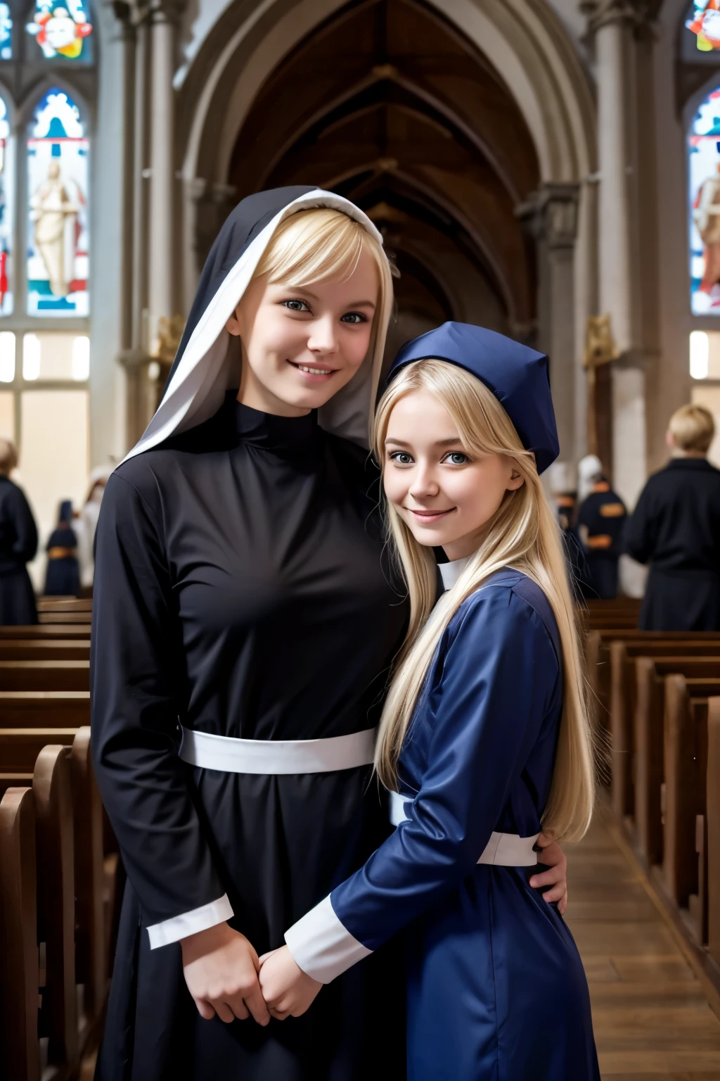 Two cute Russian girls、Blonde Hair、Blue Eyes、Smiling、Slim body、Monastic uniform、Nuns、Standing cuddly、In the church