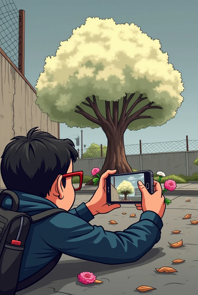 

cartoon of her taking a photo with her cell phone of a white lapacho, she is on her back, but you can see his ear and his left cheek, He has red glasses with a black frame, He has a navy blue hoodie, a pink flower and another white one in the right hand and holds the cell phone with both hands up pointing the phone at the lapacho, He has a black backpack, There are dry leaves on the asphalt, many, Behind the lapacho there is a crackling wall with wire fencing and the sky is grey