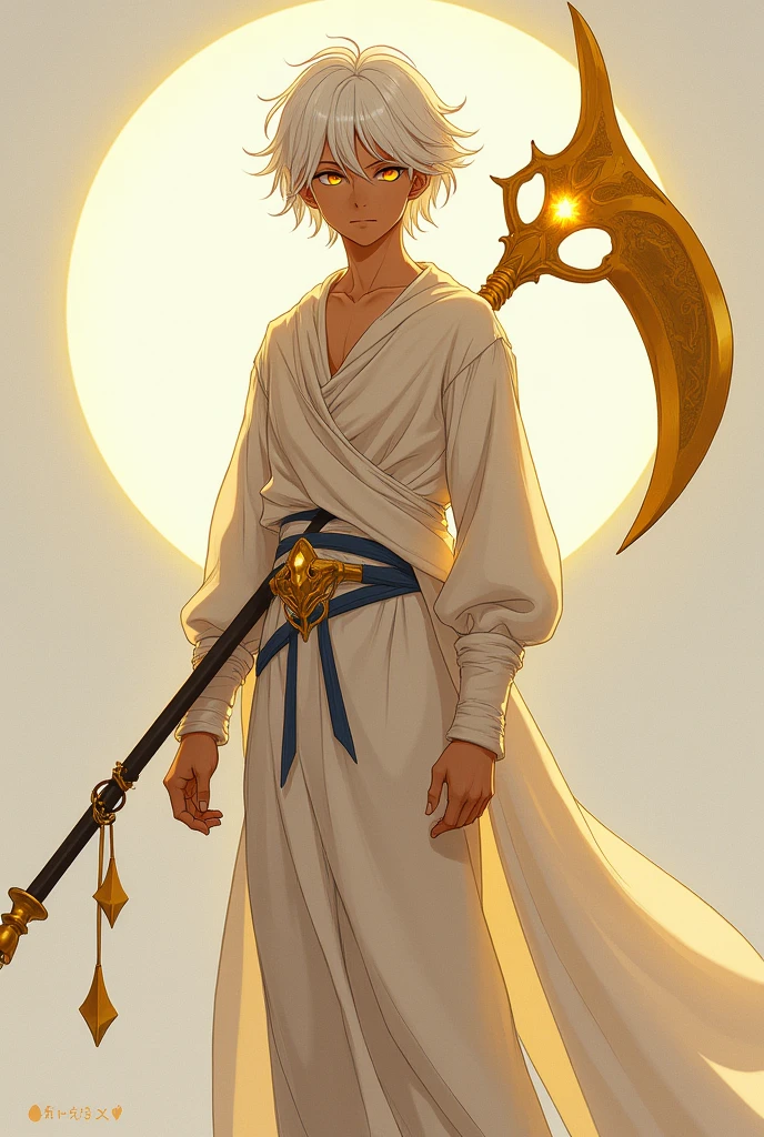 A full body image of a young adult male who is thin, half-heavenly with brown skin, shoulder-length white hair and pupil-less golden eyes, carrying a large, long golden sickle. made with anime lines.