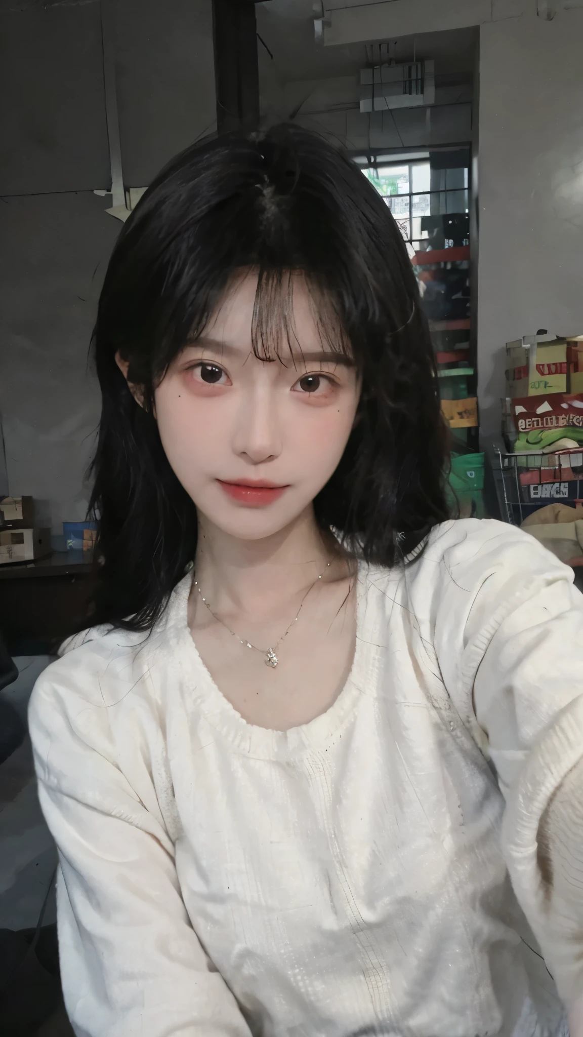 Best quality,Ultra-high resolution,(Realism:1.4),Cute hairpins,girll,Cropped black sweater,Look directly at the audience,Full of atmosphere,Beautiful woman with a slim figure:1.4,supermarket,whole body,Super delicate face,Exquisite eyes,Double eyelids,necklace