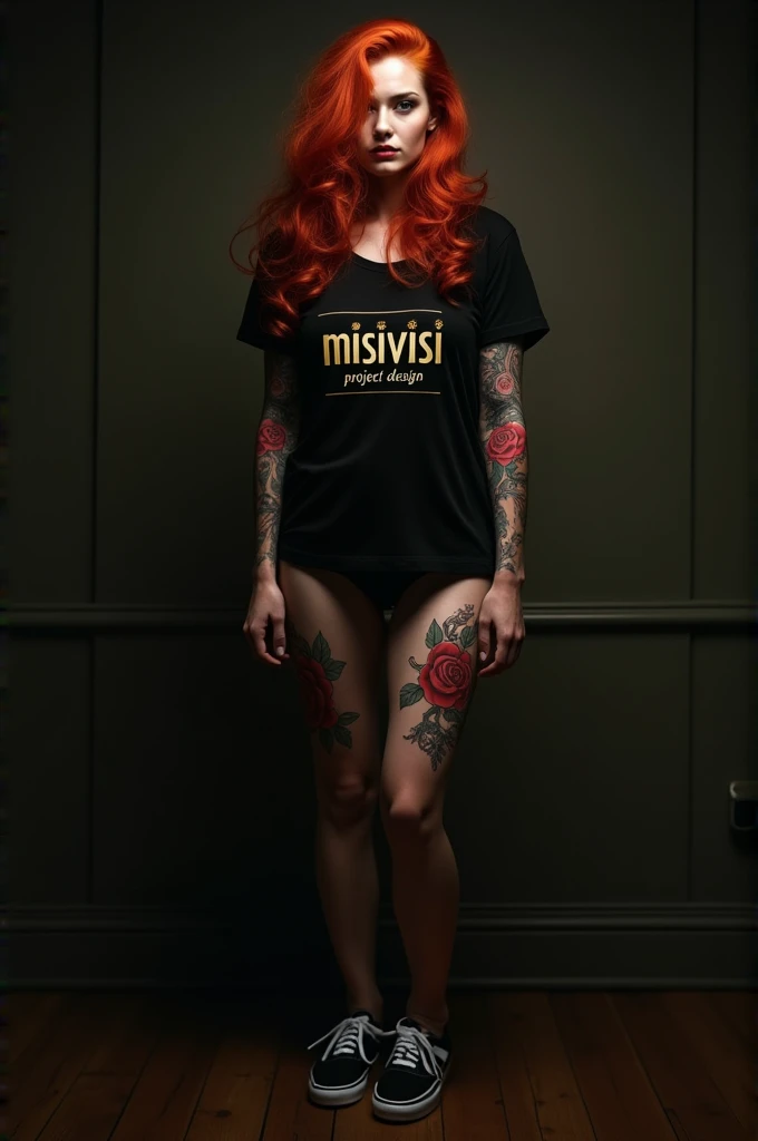 Photo of beautiful red haired woman, with both arms covered in red rose tattoos, wearing a black t-shirt, written MISIVISI project design in golden yellow, he was standing in a dark room wearing only black underwear and black vans old school shoes ..