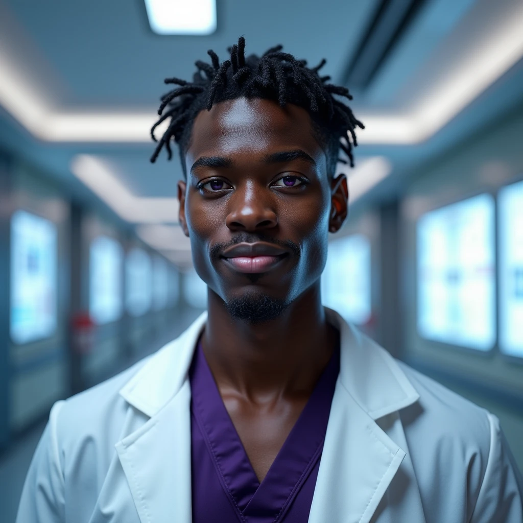 Photograph headshot of a very tall French-Nubian featured male model, short (wavy texture:1.6) hair parted to the side hair, shaved, toned body, ebony skin, vibrant purple eyes, tall thin toned body. Gentle smile expression. Doctor coat, dark purple shirt, modern sci-fi hospital office.