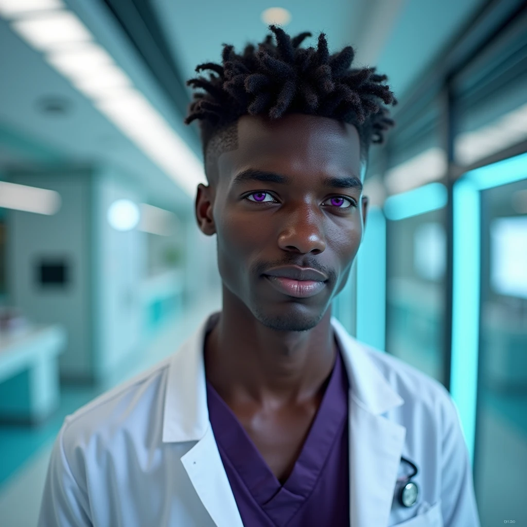 Photograph headshot of a very tall French-Nubian featured male model, short (wavy texture:1.6) hair parted to the side hair, shaved, toned body, ebony skin, vibrant purple eyes, tall thin toned body. Gentle smile expression. Doctor coat, dark purple shirt, modern sci-fi hospital office.