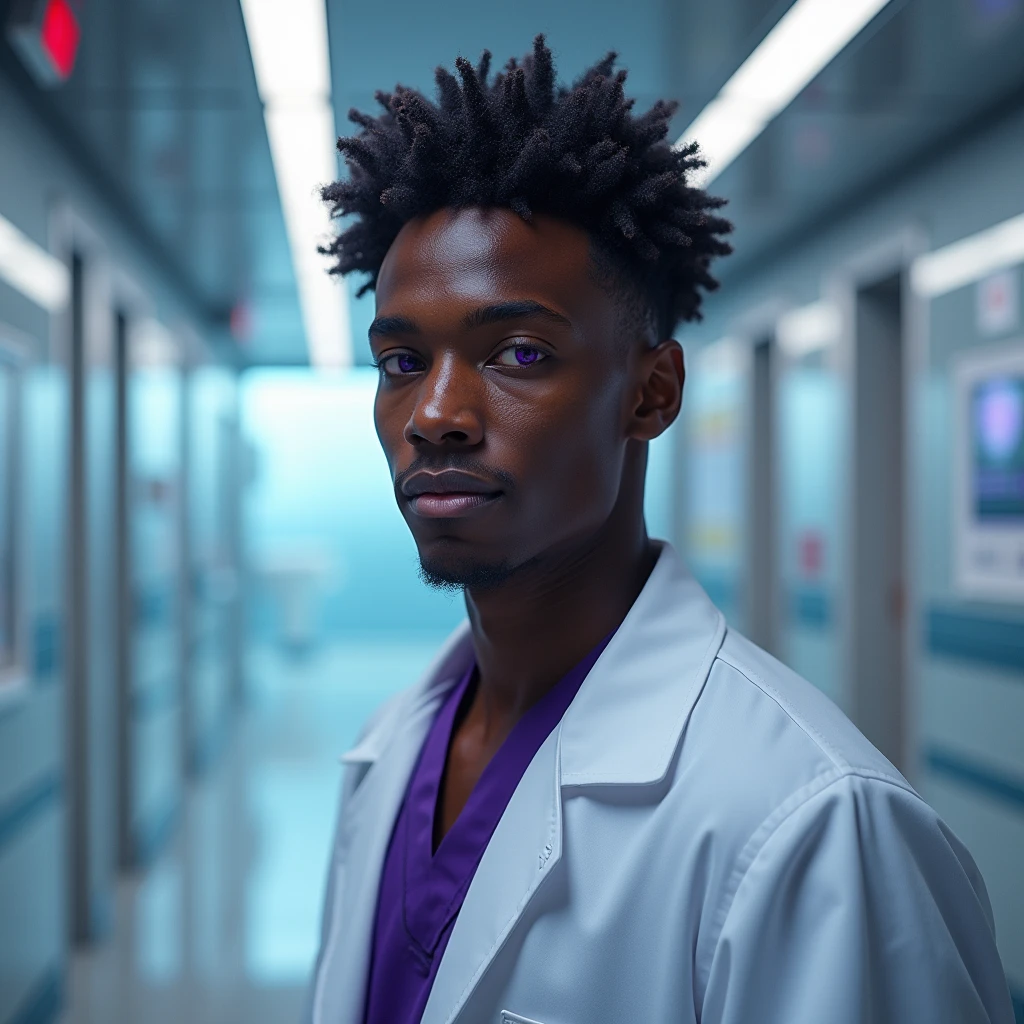Photograph headshot of a very tall French-Nubian featured male model, short (wavy texture:1.6) hair parted to the side hair, shaved, toned body, ebony skin, vibrant purple eyes, tall thin toned body. Gentle smile expression. Doctor coat, dark purple shirt, modern sci-fi hospital office.
