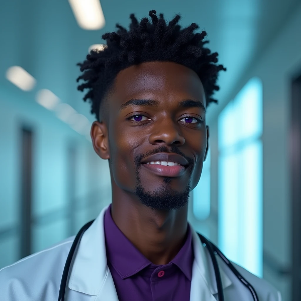 Photograph headshot of a very tall French-Nubian featured male model, short (wavy texture:1.6) hair parted to the side hair, shaved, toned body, ebony skin, vibrant purple eyes, tall thin toned body. Gentle smile expression. Doctor coat, dark purple shirt, modern sci-fi hospital office.