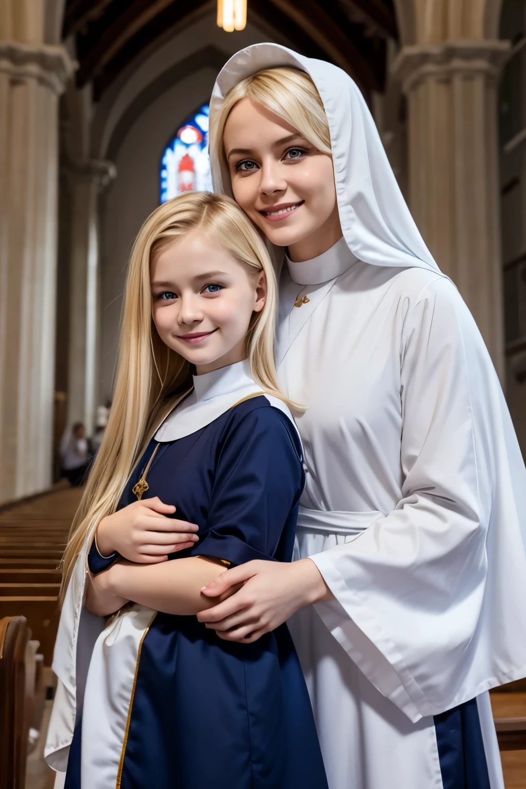 Two cute Russian girls、Blonde Hair、Blue Eyes、Smiling、Slim body、Monastic uniform、Nuns、Standing cuddly、In the church