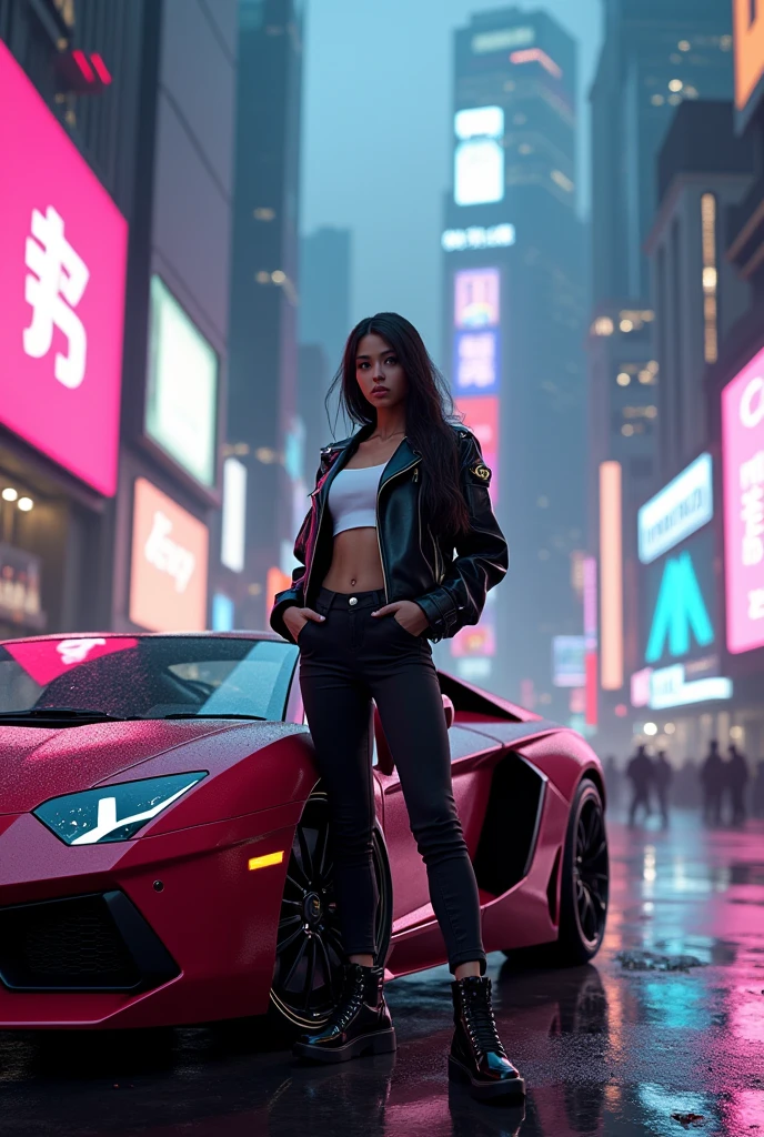 Create a stylish and modern image with a girl as the centerpiece。She is wearing trendy and futuristic clothes.、With confidence、Standing next to a gorgeous neon Lamborghini。Background、Cyberpunk cityscape、Lined with skyscrapers and digital billboards、A vibrant and colorful atmosphere。The overall mood is、ambition、dream、And make cryptocurrency wealth appealing.。
Fit the entire image within the frame。