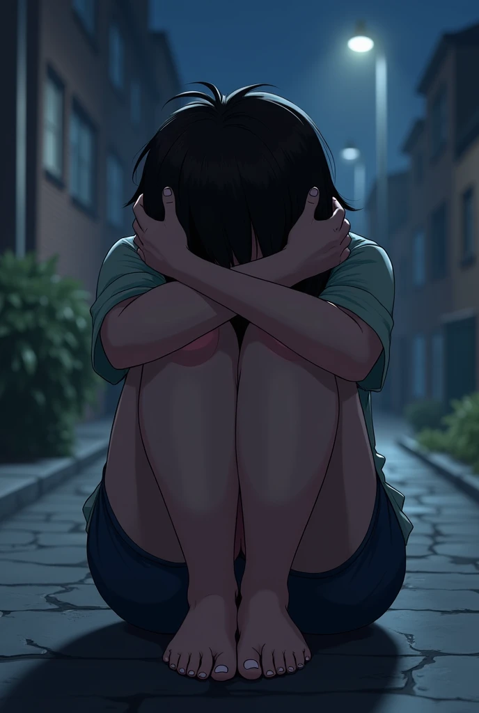  A girl sits hugging her legs and with her face hidden between them, with her hands she grabs her head, short hair, at night tmnt style 2012 3D with y2k clothes and that is plus size the woman Side view distant perspective png no background 
