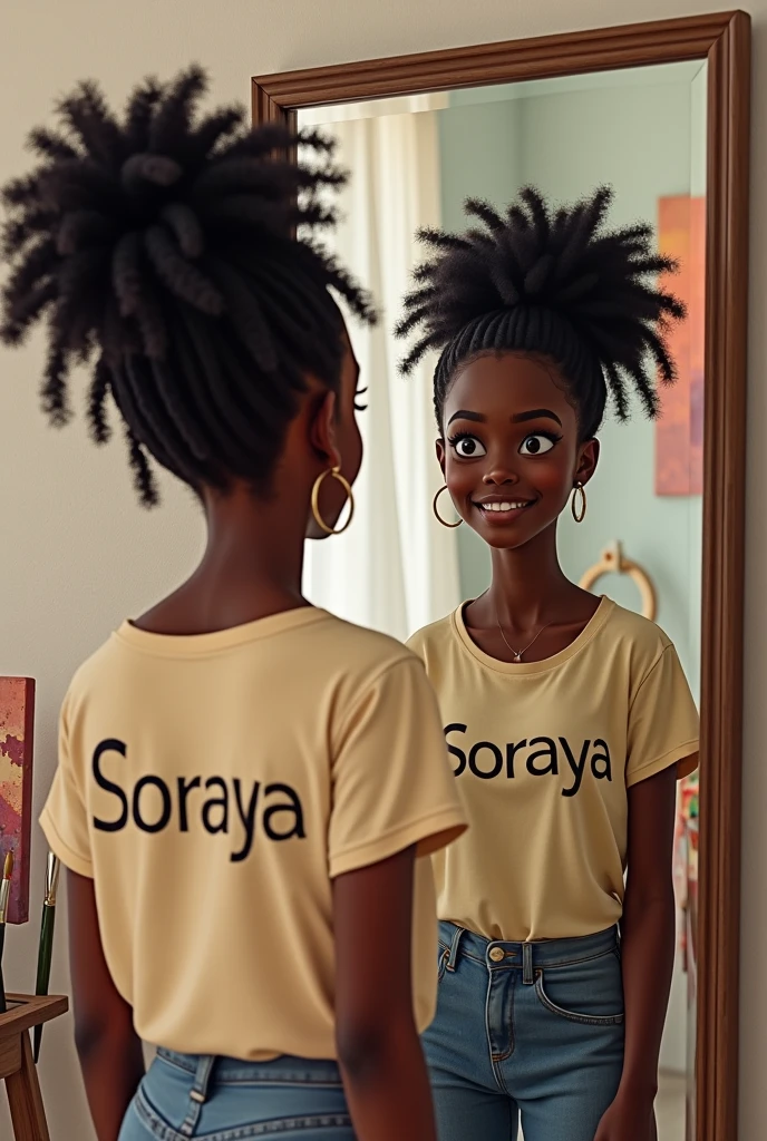 Une jeune fille noir avec des cheveux crépus,  peigné en chignon,  habillé avec un t-shirt qui écrit Soraya. Elle se regarde  dans un miroir et elle voit son reflet qui est habillé en artiste avec ses pinceaux , ses peintures,  un camera, elle est un peu artistique et tout.  Son reflet la regarde avec le sourire.  Je ne veux pas d'images d'enfants car elle a 19ans .  C'est le reflet qui doit avoir la peinture,  les pinceaux,  les tableaux et la caméra. 