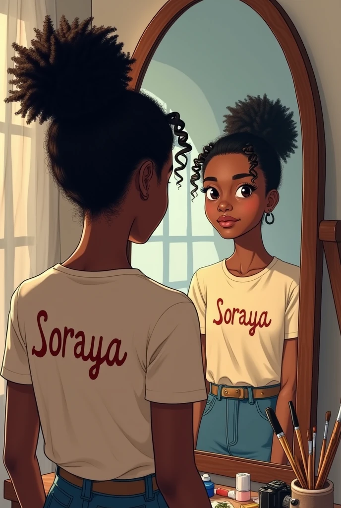 Une jeune fille noir avec des cheveux crépus, peigné en chignon, habillé avec un t-shirt qui écrit Soraya. Elle se regarde dans un miroir et elle voit son reflet qui est habillé en artiste avec ses pinceaux , ses peintures, un camera, elle est un peu artistique et tout. Son reflet la regarde avec le sourire. Je ne veux pas d'images d'enfants car elle a 19ans . C'est le reflet qui doit avoir la peinture, les pinceaux, les tableaux et la caméra.