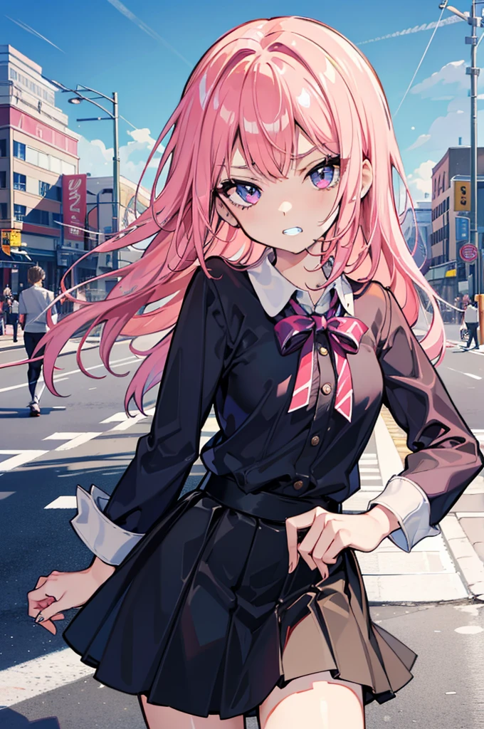 (best quality:1.2), (highest quality:1.2), (perfection:1.1), (flawless:1.1), urban street, 1girl, parted lips, (clenched teeth:1.1), teeth, (disgusted look:1.1), short height, blouse, skirt, (straight hair:1.1), small breasts, (best quality eyes:1.1), highly detailed, 8k, best quality resolution, (most beautiful upscale:1.1)