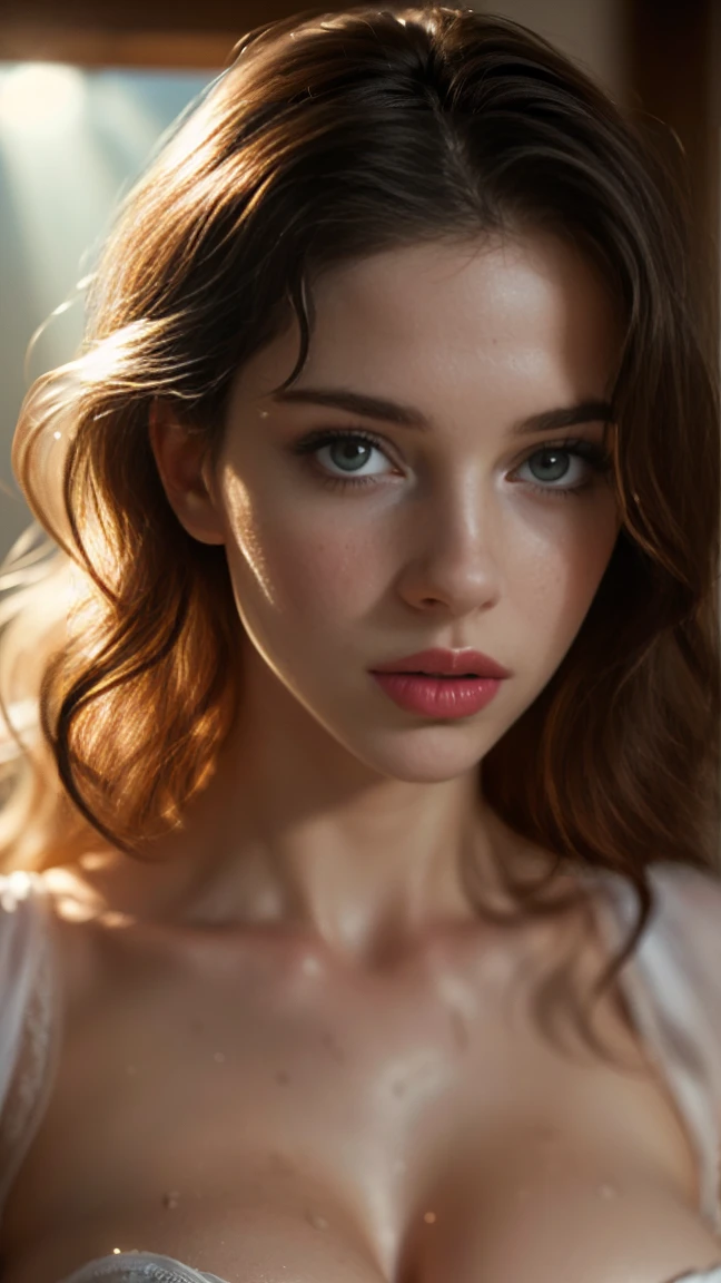 (((ultra realistic))) Photo, masterpiece, top quality, (pale skin), (Ultra detailed face and eyes:1.3), 1 girl, Adult, no shirt, wet tits, full body, (Eye makeup, mascara) , ((large detailed lips)), ((ash wavy hair)), ((Chyolka)) , (Natural breasts), Slim waist. ((Posing)), photoshoot, studio (soft lighting), (The play of light and shadows), depth of field, bokeh, (special attention to skin detail: 1.2), Detailed leather texture, skin pores. (Airy atmosphere of the frame. Color range - delicate, Bright, white, Pink tones), UDR, ((Film grain)), ((rays)), ((glare of the sun)), ((waist up portrait, close to the camera)) , ultra detialed,