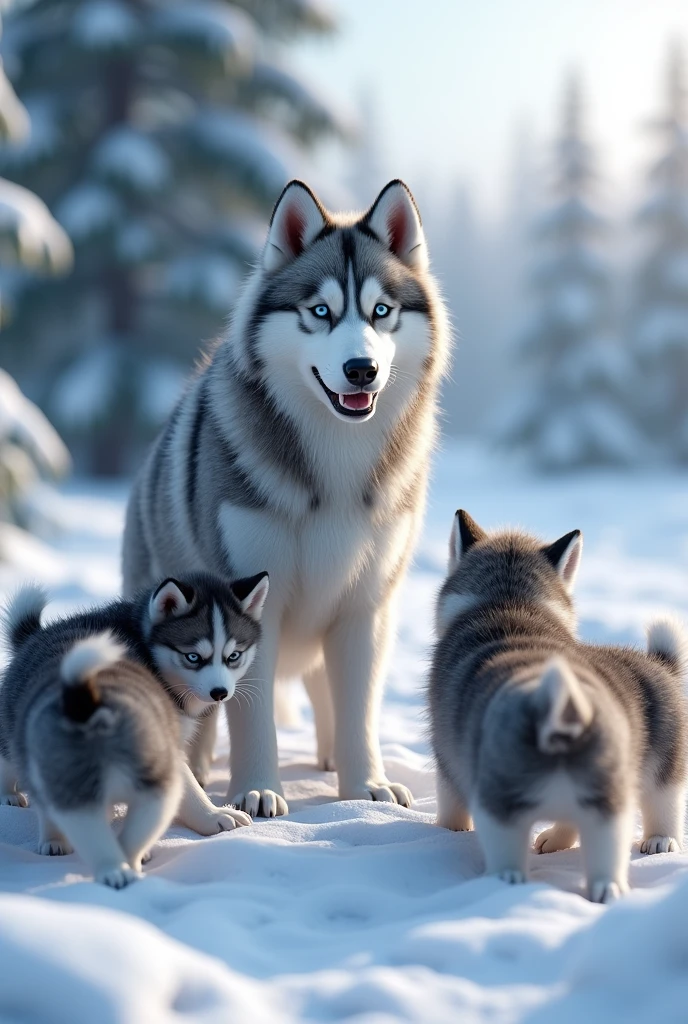 Siberian Rusk puppies around mom