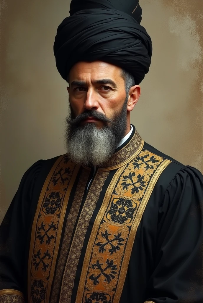 Please create an image portrait of Islam Khodja who i is Grand Vizier (Prime Minister) of the Khiva Khanate in 1898, please use the filter for historical atmosphere and he weared national khans chapan (national clothes of prime minister ) and he weared black tall Chugurma which belongs to Khorezm people