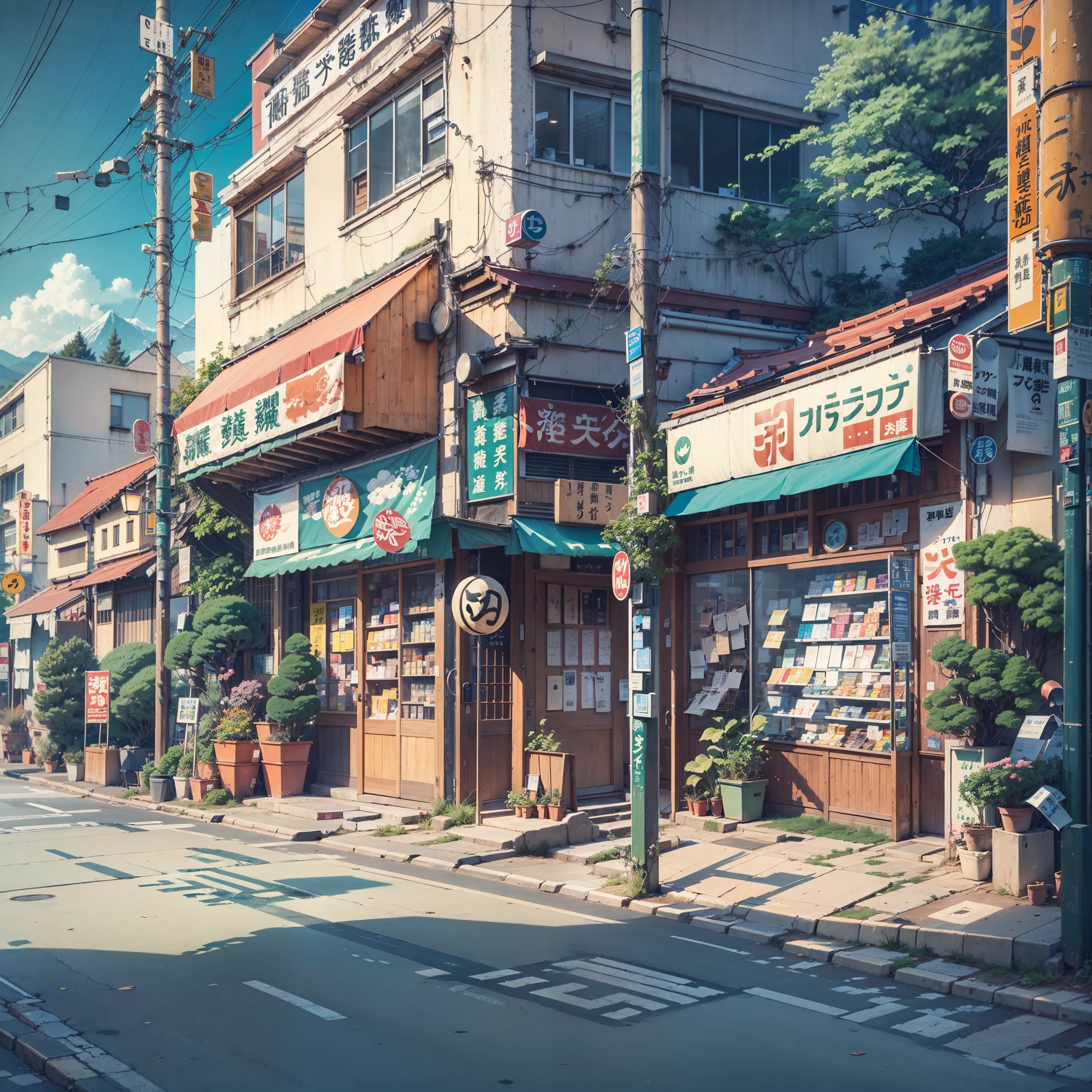anime background, anime wallpaper, anime, anime style, lofi, lofi style, modern japanese street, mountains, uphill, modern japanese architecture, japanese convenience store, big retro japanese shop signs, retro japanese store, trees, plants, rocks, plant pots, shop signs, japanese banners, japanese signs, flags, empty street, no one in sight, (no one: 1), best quality, wide view, street going uphill, buildings tight together,
