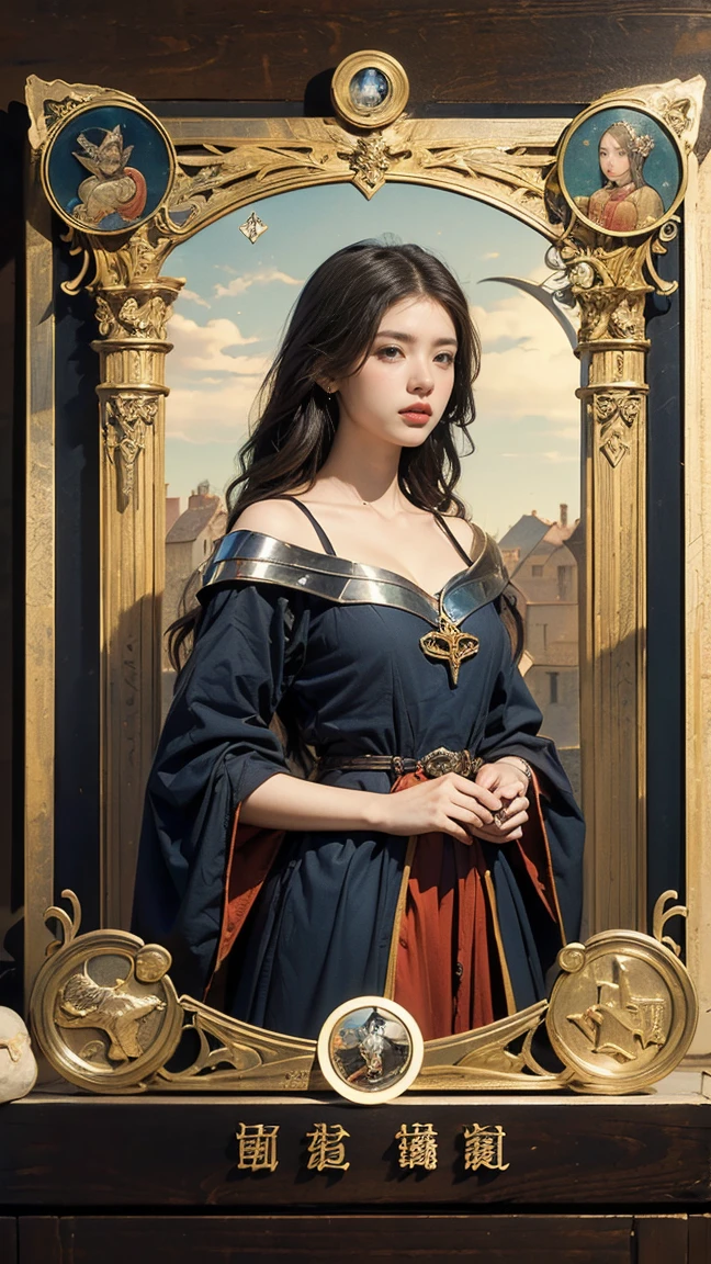 Highest quality、masterpiece、タロットcard、Balance scale、(Morgan Greer Tarot:1.2)、Retro art style、Thick outline、English text、Roman numerals、card、(Fit the frame properly:1.2)、(タロットcard風の枠:1.5)、((Medieval Europe、Wolf and beautiful woman:1.5))