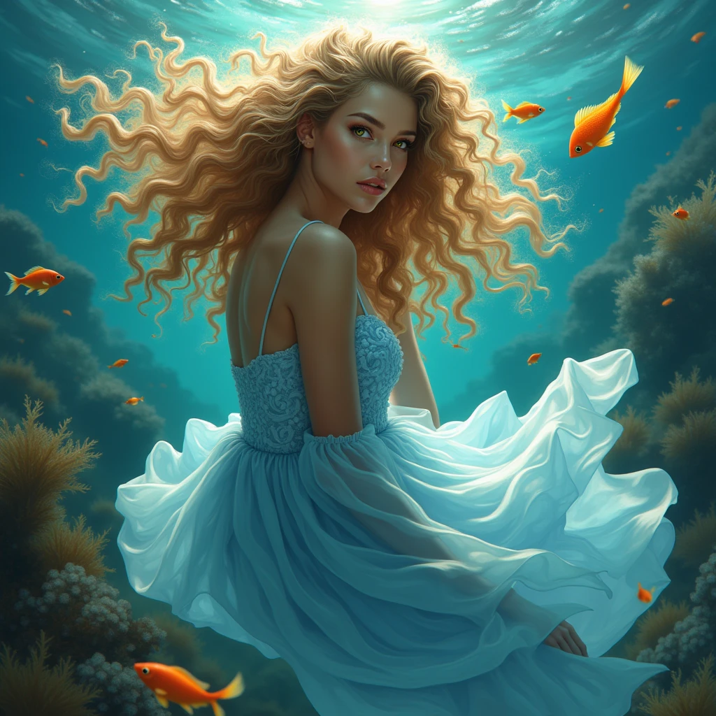 She's is allowed on the side and doesn't look at the viewer, Toffee color skin, beautiful toffee mixed woman of 2 with long blond curly hair and extremely detailled clear yellow eyes, She wears A very beautiful sexy Long sky blue dress in veil, She swim underwater surrounded by beautiful fish