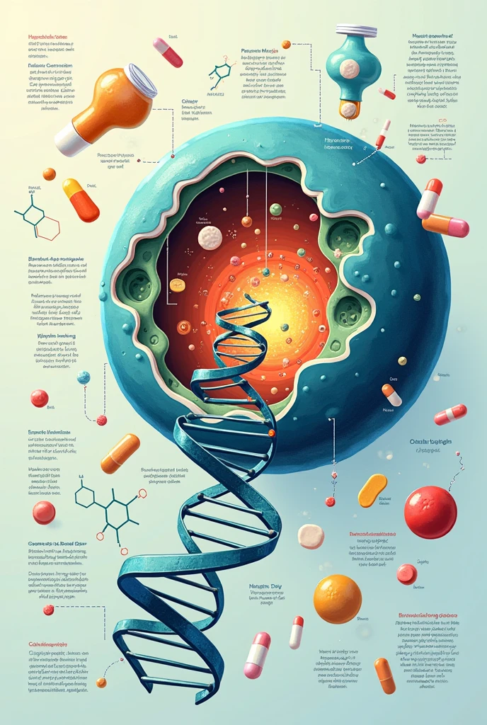 Draw a cell nucleus in the center of the image, highlighting the nuclear membrane and the genetic material inside it. It represents DNA as a stylized double ix.. You can integrate some chemical structure graphics (as nucleotides) around DNA to emphasize biochemistry.
Proteins and Enzymes: Añade ribosomes en el citoplasma para señalar la síntesis de proteínas. Dibuja algunas ENZYMES (in the form of structures or icons) in the nucleus or cytoplasm.
drugs: Incorporate some icons of medicine bottles or pills floating near the core to connect the image with the pharmacy. vibrant but professional colors. Shades of blue and green can represent biological structures, while warmer colors can highlight pharmacy elements.
Consider a modern and clean style, with clear lines and well-defined details to make the image informative and visually appealing.
Additional Elements:
Metabolic pathways: You can include paths or arrows that represent important metabolic pathways related to biochemistry..
Informative Text: Add labels or short descriptions for each component (like DNA, ribosomes, ENZYMES, etc.) to make the educational image.
bottom:
Use a soft background so as not to distract from the core and main elements. It could be a gradient or a solid color that contrasts well with the details of the image..