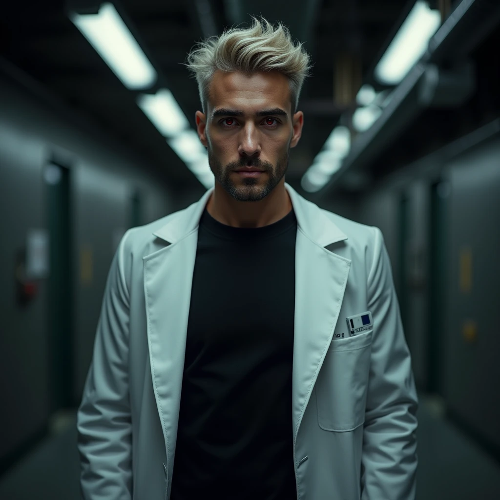 Photograph headshot of a very tall attractive young Middle Eastern-Arab-Egyptian featured male, short business casual layered platinum blond wavy swept back hair, 5 o'clock shadow, lithe body, brown skin, dark red eyes, tall toned body. Professional expression. Lab coat, black t-shirt, dim fluorescent lighting, foreboding facility.
