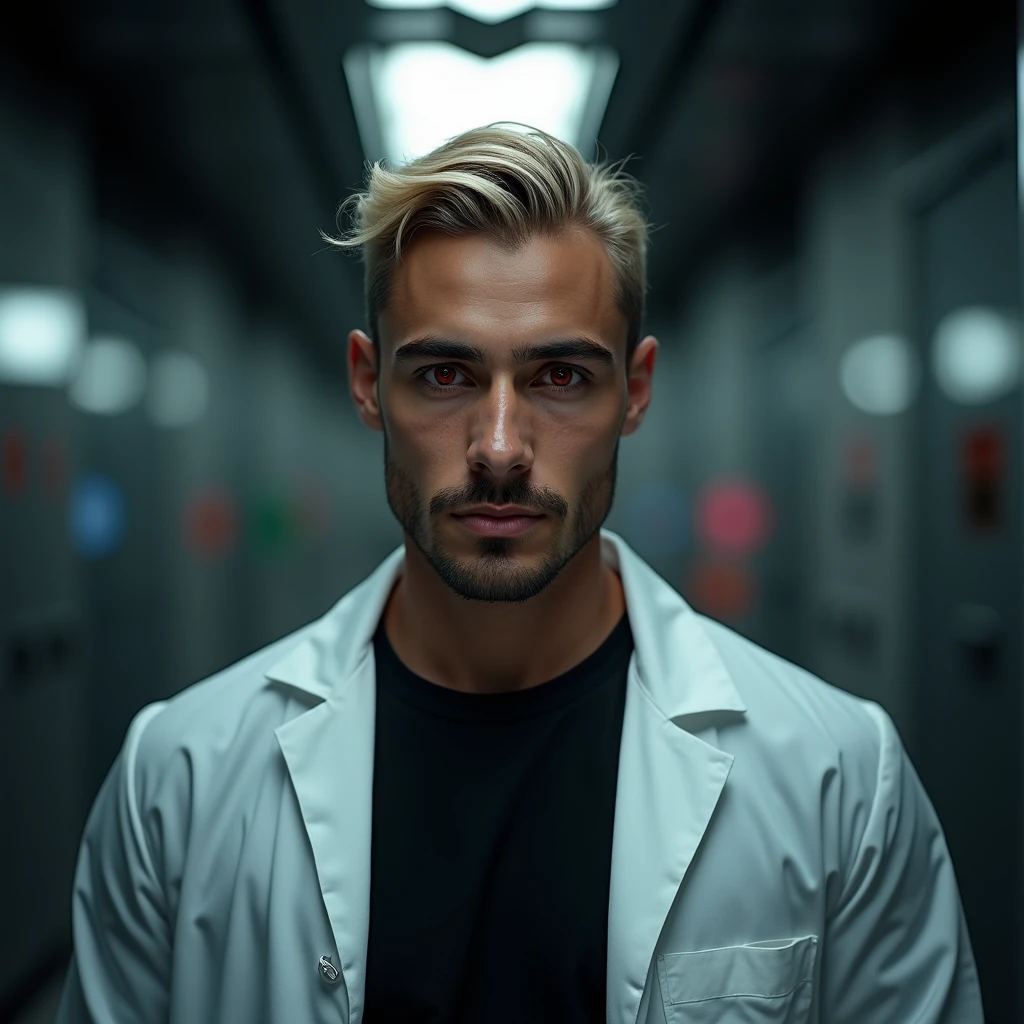 Photograph headshot of a very tall attractive young Middle Eastern-Arab-Egyptian featured male, short business casual layered platinum blond wavy swept back hair, 5 o'clock shadow, lithe body, brown skin, dark red eyes, tall toned body. Professional expression. Lab coat, black t-shirt, dim fluorescent lighting, foreboding facility.