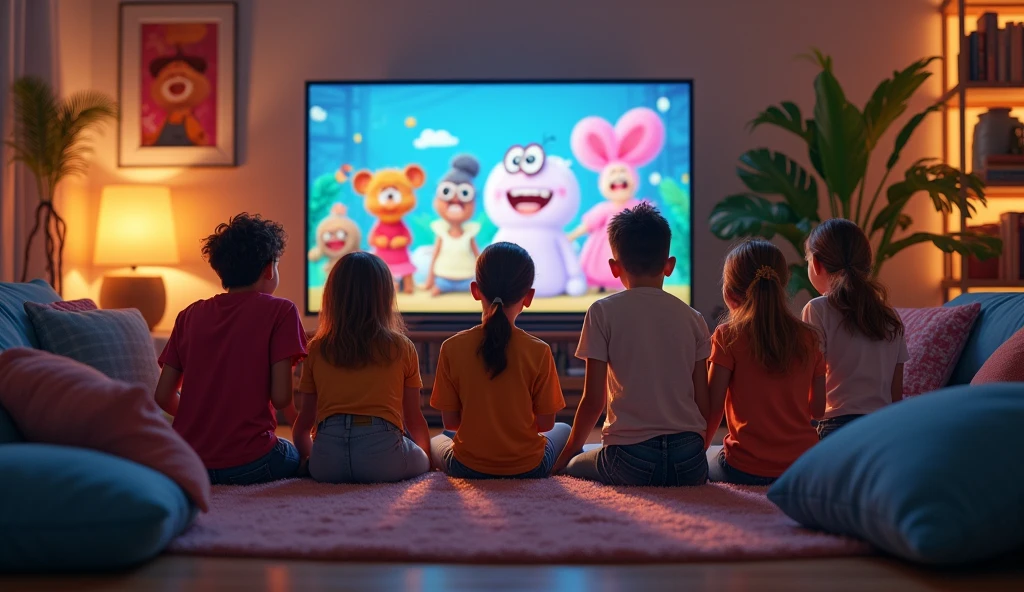 Create a realistic image of a cozy living room, where a group of excited people are gathered around a television. The expressions on their faces reflect excitement and fun as they watch the show.. Ao fundo, you can see details of the room's decoration, like comfortable pillows, a soft rug and some plants, creating a welcoming and vibrant atmosphere.