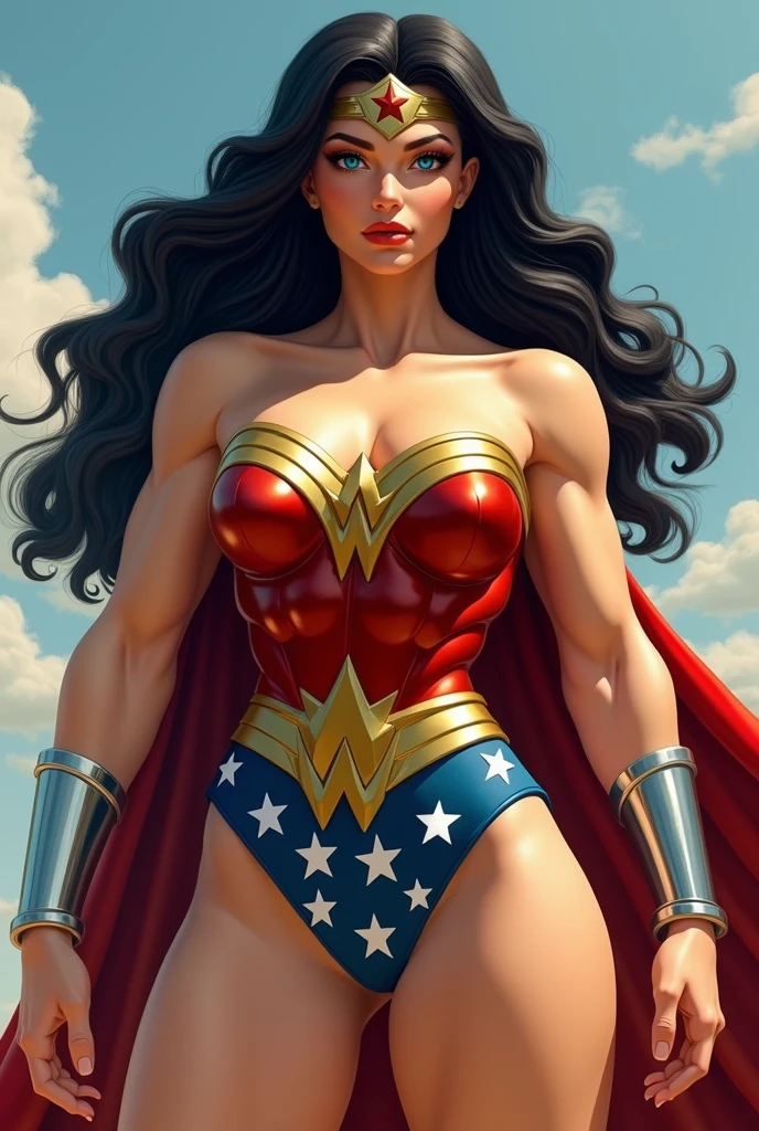 (MASSIVE SWOLLEN MUSCULAR ARMS:1.4), (MASSIVE MUSCULAR LEGS:1.4), (MASSIVE MUSCULAR TORSO:1.4) A MUSCULAR FEMALE, WITH LONG BLACK HAIR, BLUE EYES, WITH A SEXY BODY, WEARING A CLASSIC 1960 LYNDA CARTER WONDER WOMAN COSTUME AND RED CAPE. ABSURD 8K RESOLUTION, INCREDIBLY DETAILED SKIN AND EYES,