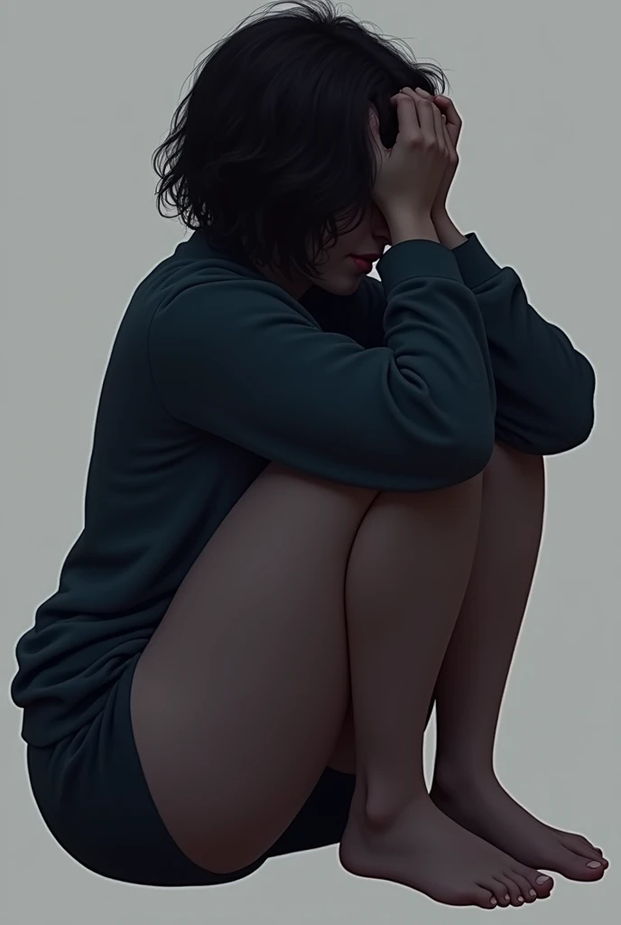 A girl sits hugging her legs and with her face hidden between them, with her hands she grabs her head, short hair, night style tmnt 2012 3d plus size woman side view distant perspective png no background