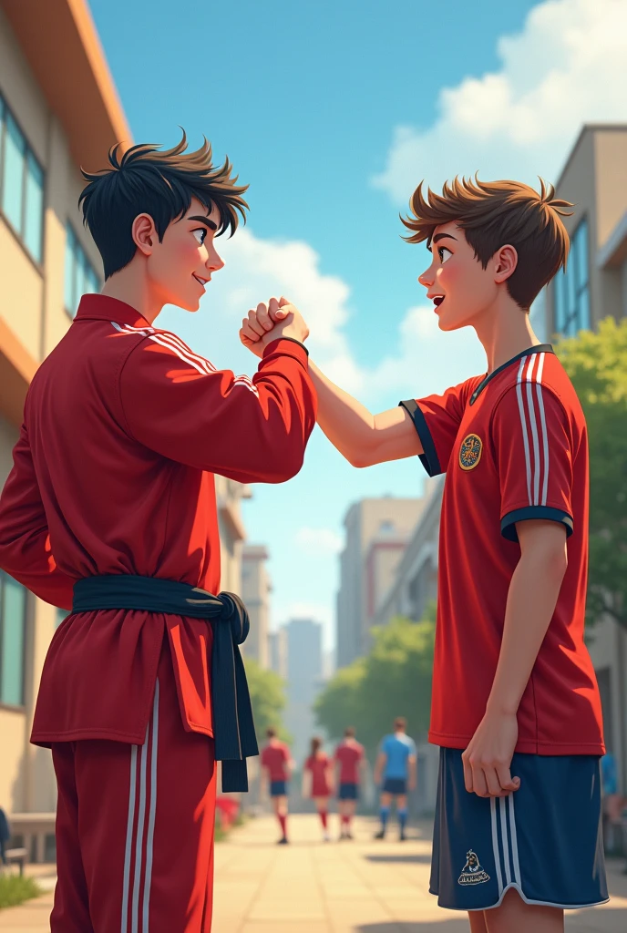 A taekwondo teenager in his red production outfit fist-bumping a teenage soccer player ,that is not