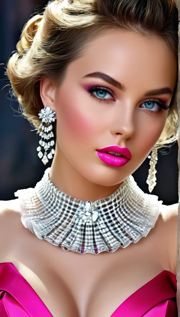 best quality,High resolution,illustration de mode,elegant models,Beautiful detailed eyes,Detailed lips and face,mode glamour,poses de piste,couleurs vives,Elegant dresses,accessoires magnifiques,éclairage de studio professionnel,peinture ultrafine,realistic textures,Parcours artistique,cleavage, she is wearing a white corset and a hot pink ruffle silk dress wit ruffle sleeves, diamond collier, collar,big diamond earrings