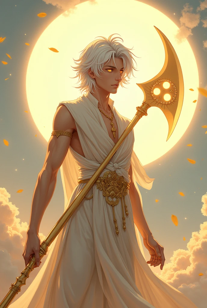 A full body image of a young adult male who is thin, half-heavenly with brown skin, shoulder-length white hair and pupil-less golden eyes, carrying a large, long golden sickle. made with anime lines.
