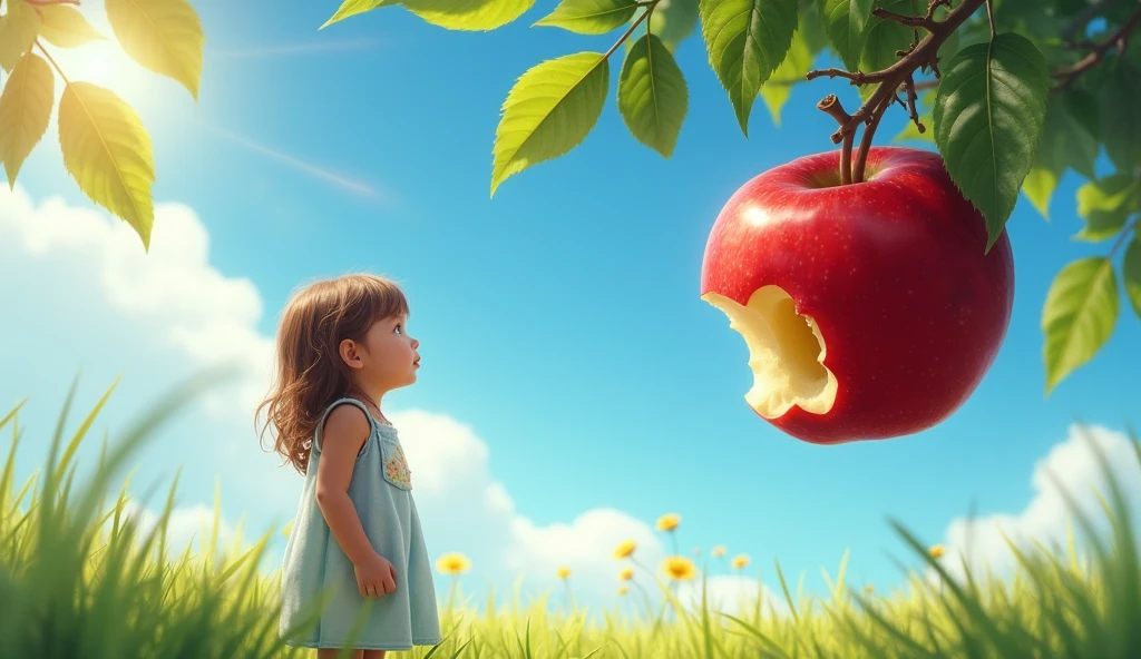 A is for Apple, so juicy and sweet:
"A shiny red apple hanging from a tree branch, glistening in the sunlight, with a bite taken out to reveal its juicy interior, set against a blue sky."
A girl is standing and seeing the apple