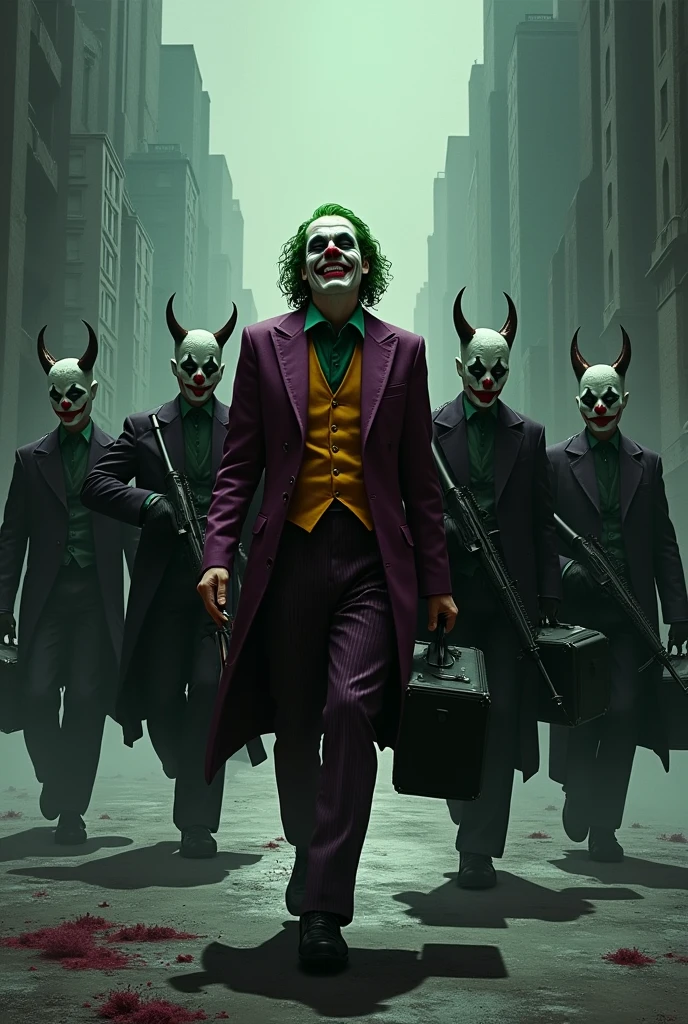 I need you to create the joker walking with 5 clown masked men with black briefcases, men need to be armed with rifles, while the joker must have a cigarette in his hand laughing out loud
